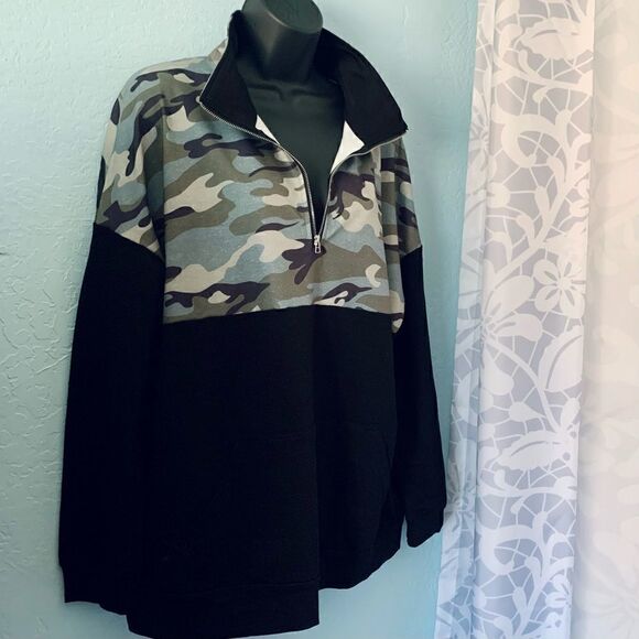 Black Color Block Camouflage 3/4 Zip Pullover Sweatshirt Size XL - Picture 5 of 9